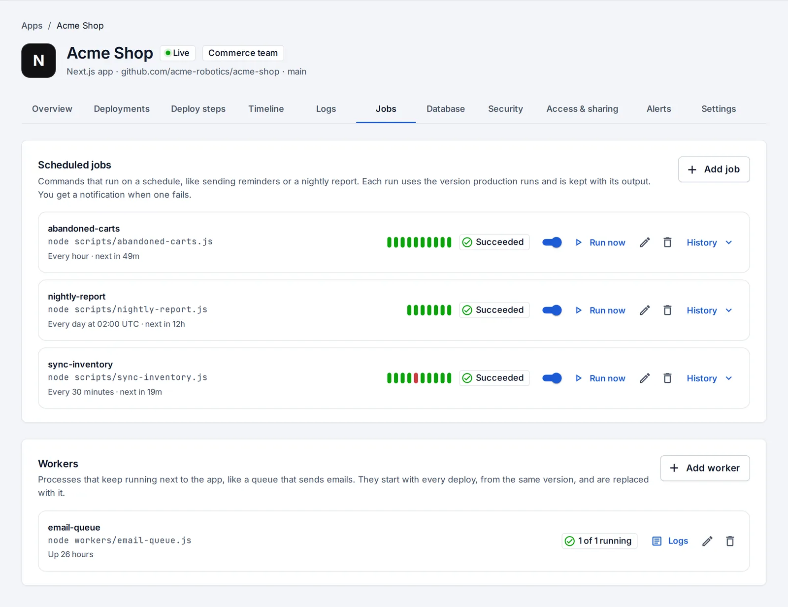 Scheduled jobs and workers on the Jobs tab.