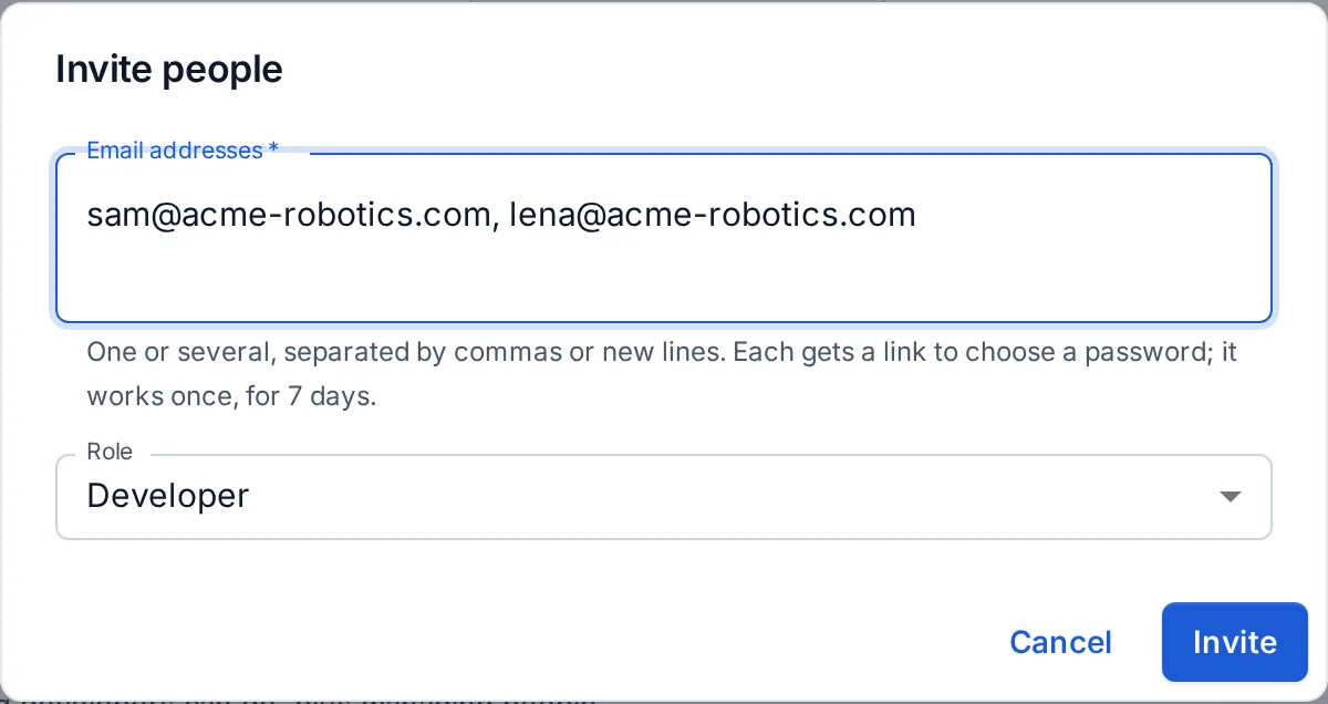 Invite people: email addresses and a role.