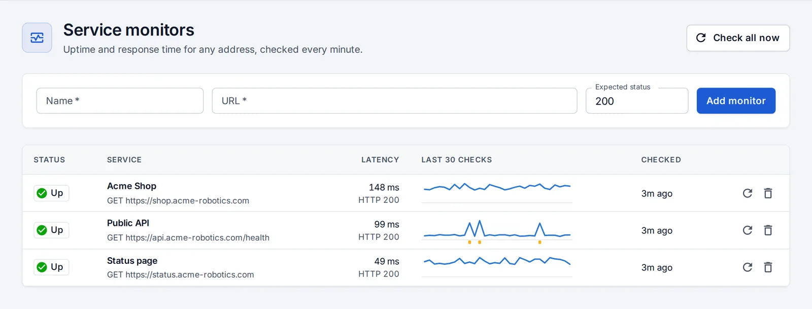 Service monitors: three addresses, all up, with latency over the last 30 checks.