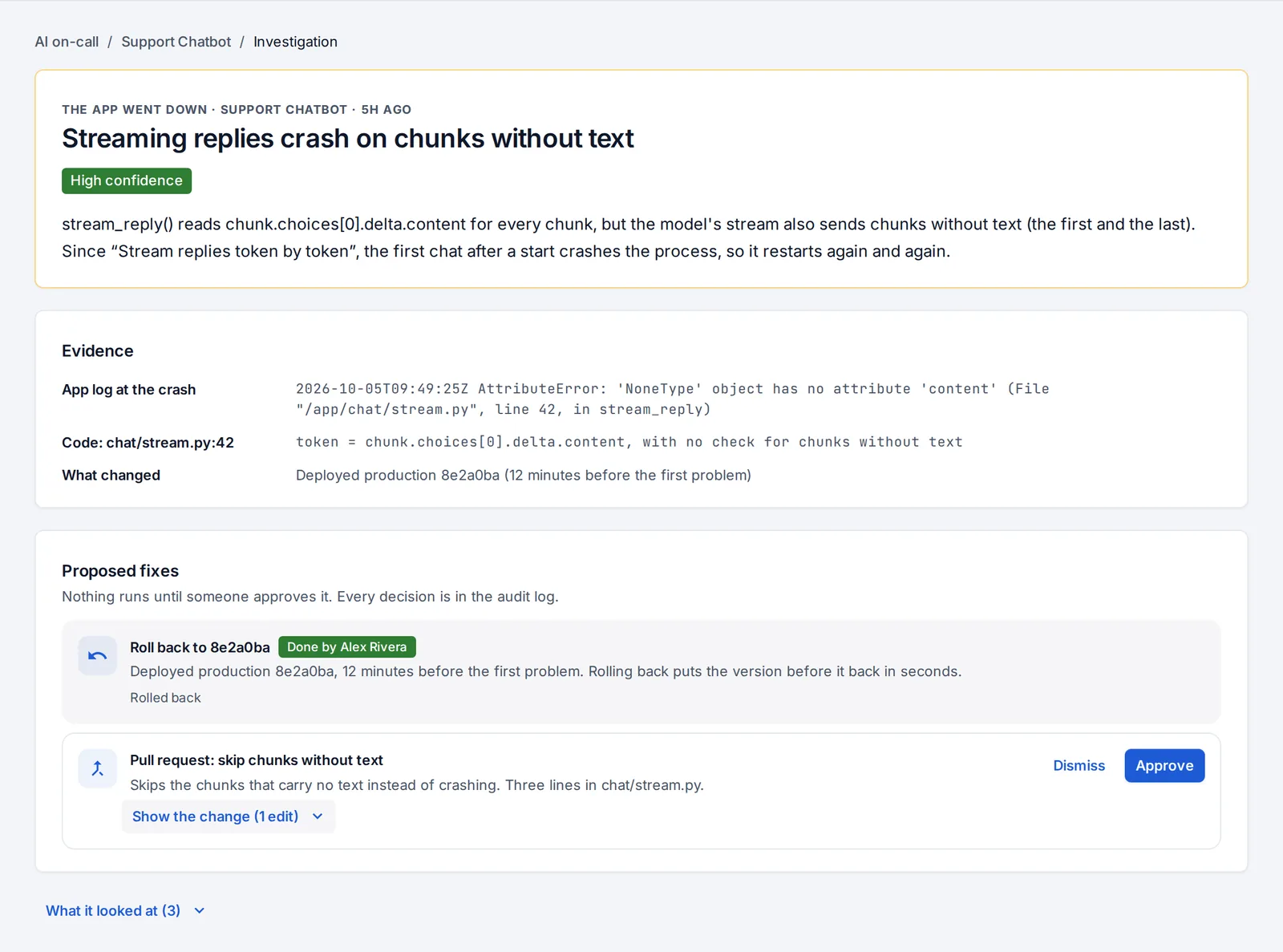 A crash loop: the rollback was approved, and a code fix waits.