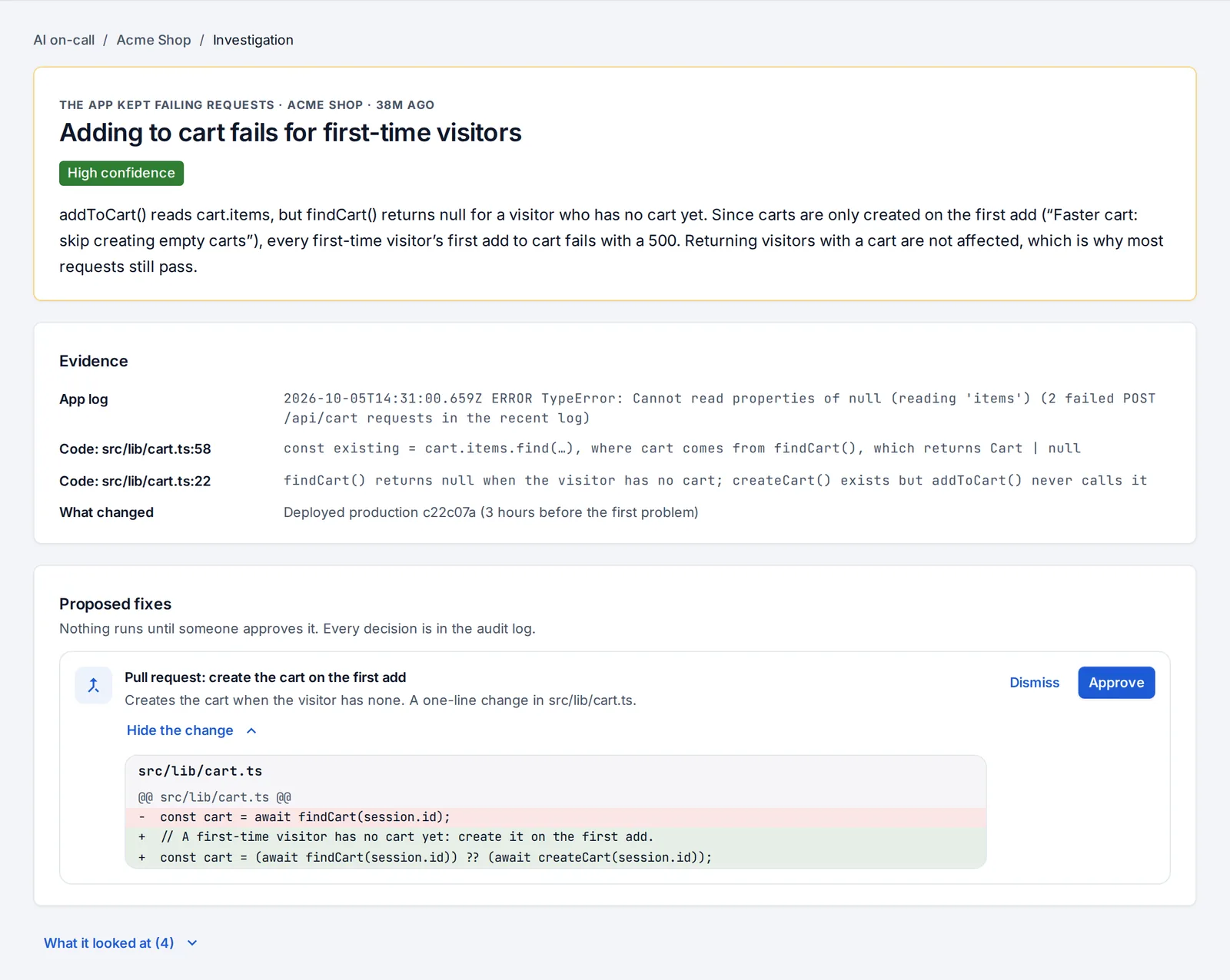 An investigation: the root cause, the evidence, and a pull request with a code fix waiting for approval.