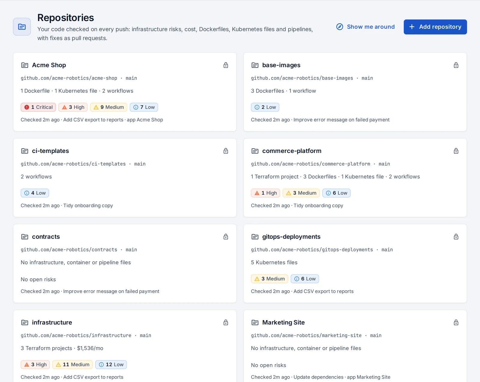 Repositories: each with what was found in it and its open findings.